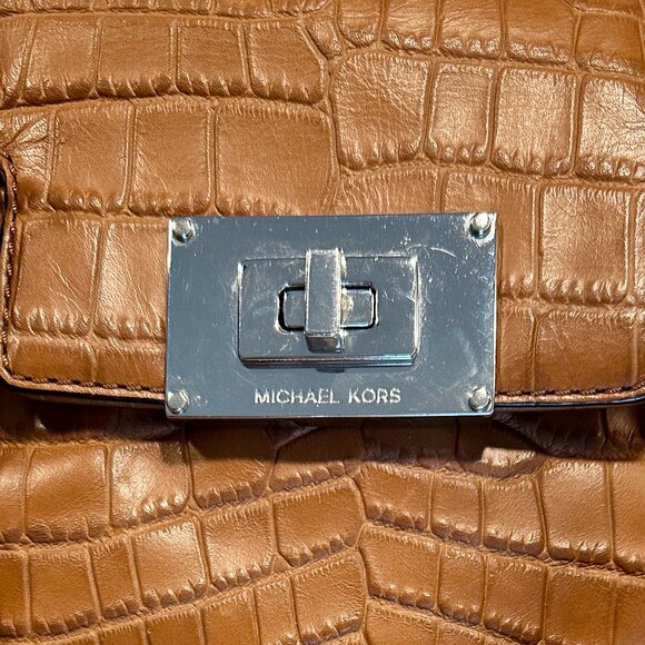 MICHAEL Michael Kors Sloan Croc Embossed Mocha Leather Silver Shoulder Satchel - Picture 10 of 15